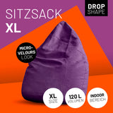 LUMALAND Luxury XL Sitzsack stylischer Beanbag lila mit 120L Füllung, Micro-Velours Look, ideal für Indoor und modernes Wohnen.
