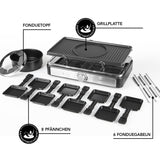 MAXXMEE Raclette- & Fondue-Set mit Fondue-Topf, 6 Gabeln, 8 Pfännchen und antihaftbeschichteter Grillplatte.