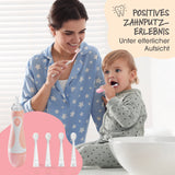Eine Mutter und ihr Kind putzen gemeinsam die Zähne; im Vordergrund sind elektrische Zahnbürste und Bürstenköpfe zu sehen.
