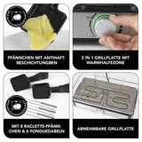MAXXMEE Raclette- & Fondue-Set mit 2-in-1 Grillplatte, Fondue-Topf, 6 Gabeln und 8 Pfännchen, antihaftbeschichtet und abnehmbar.