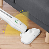 N8WERK Dampfbesen Moonlight White Edition mit flexiblem Gelenk zur Dampfreinigung von Laminat und Hartböden unter Möbeln.