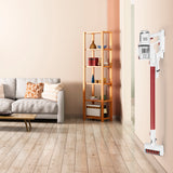 CLEANmaxx Akku-Zyklon-Staubsauger Pro 22,2 Volt weiß/rot mit langer Akkulaufzeit und rotierender Mikrofaserdüse an Wand montiert