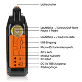 EASYmaxx Solar-Generator Kit 10000mAh schwarz/orange mit USB, Radio, Lichtschalter und Micro-SD Kartensteckplatz.