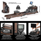 FitEngine klappbares Wasser-Rudergerät 2.0 Dark Brown aus Eschenholz mit Trainingscomputer, Wasserwiderstand und Metall-Tablethalterung.