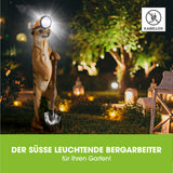 EASYmaxx Solarleuchte Erdmännchen als Bergarbeiter mit LED-Kopflampe, Solarbetrieb und Willkommensgruß auf der Schaufel.