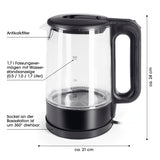 GOURMETmaxx Glas-Wasserkocher LED 1,7l schwarz matt mit Wasserstandsanzeige, Antikalkfilter, 360° drehbarem Sockel und modernem Design.