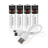 MAXXMEE Batterien wiederaufladbar AA 4er-Set mit USB-C-Ladekabel, parallel ladbar, bis zu 1200 Mal wiederaufladbar.