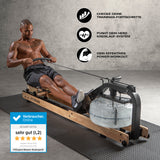 FitEngine Rudergerät - regulierbarer Wasserwiderstand für ganzkörpertraining mit ergonomischem Sitz und Trainingsmonitor.