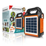 EASYmaxx Solar-Generator Kit 4500mAh schwarz/orange mit Solarpanel, integriertem FM-Radio, Taschenlampe und 3 LED-Leuchten zum Laden mobiler Geräte.