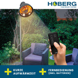 Hoberg Infrarot-Heizstrahler mit Standfuß im Garten mit Fernbedienung und kurzer Aufwärmzeit, ideal für draußen.