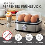 GOURMETmaxx Eierkocher für 6 Eier aus Edelstahl mit transparentem Deckel, Signalton und herausnehmbarem Eierhalter.