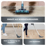 CLEANmaxx Akku-Hand- & Bodenstaubsauger anthrazit/hellblau beim effektiven Reinigen von Teppichen und Hartböden in einem Gerät.