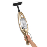 CLEANmaxx Dampfbesen mit Knickgelenk in Gold/Weiß, abnehmbarer 300 ml Wassertank und Bürstenaufsatz für Haushaltsflächen.