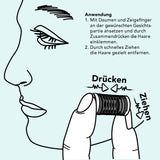 MAXXMEE Mini Gesichtsepilierer inkl. Aufbewahrungsbox zeigt Anwendung zum Entfernen von Gesichtshaaren mit Kompaktgerät in schwarz/türkis.