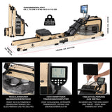 FitEngine klappbares Wasser-Rudergerät 2.0 - Brown aus Eschenholz, klappbar, mit Trainingscomputer und Tablet-Halterung aus Metall.