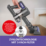 CLEANmaxx Akku-Zyklon-Staubsauger anthrazit/blau mit 3-fach-Filter und Zyklontechnologie für effiziente Reinigung und Pollenentfernung.