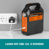 EASYmaxx Solar-Generator Kit 4500mAh schwarz/orange mit USB-Aufladung, integrierter Taschenlampe, FM-Radio und LED-Leuchten.