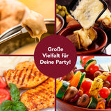 GOURMETmaxx Raclette- & Fondue-Set GRANITlook schwarz mit geschmolzenem Käse, gegrilltem Fleisch und Gemüse für Partyvielfalt.