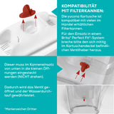 Rotes Filterventil mit Pfeilen über dem Krugdeckel; deutscher Text erklärt Kompatibilität und Platzierungsanweisungen.