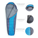Where Tomorrow Camping Schlafsack Classic blauer Mumienschlafsack mit wasserabweisendem Polyester außen und Kordelzug-Kragen.