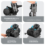 CLEANmaxx Zyklon-Staubsauger - schwarz mit leicht entnehmbarem Staubbehälter, Abluftfilter und automatischem Kabeleinzug.