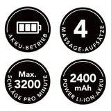 MAXXMEE Intensiv-Massagegerät schwarz/silber mit 4 Aufsätzen, 3 Geschwindigkeitsstufen, Akku-Betrieb und 2400 mAh Lithium-Ionen-Akku.