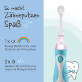 Blau-weiße elektrische Zahnbürste mit blinkenden Lichtern, Cartoon-Zahn und deutschem Text über lustige Zahnpflege.