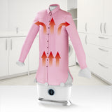 CLEANmaxx Hemdenbügler PRO STEAM + Hosenaufsatz zeigt automatisches Glätten und Trocknen von Hemden in Weiß.