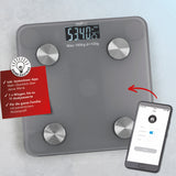 MAXXMEE Personen-Waage Körperanalyse mit Bluetooth & App grau, misst Gewicht, Körperfett, Wasseranteil, Knochen- und Muskelmasse.