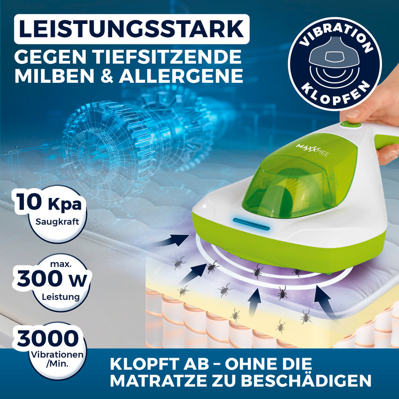 MAXXMEE Milben-Handstaubsauger Kompakt mit UV-C Licht  - weiß/limegreen