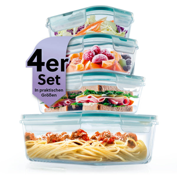 GOURMETmaxx Glas-Frischhaltedosen Klick-it 8-tlg. smaragd mit 4-fach-Klick-Verschluss und Aromaschutz, temperaturbeständig, stapelbar.