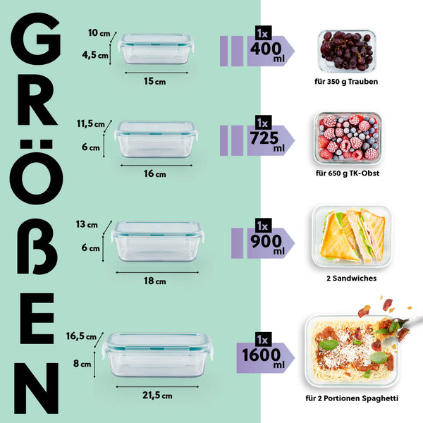 GOURMETmaxx Glas-Frischhaltedosen Klick-it 8-tlg. in verschiedenen Größen, ideal für Obst, Sandwiches und Spaghettiportionen.