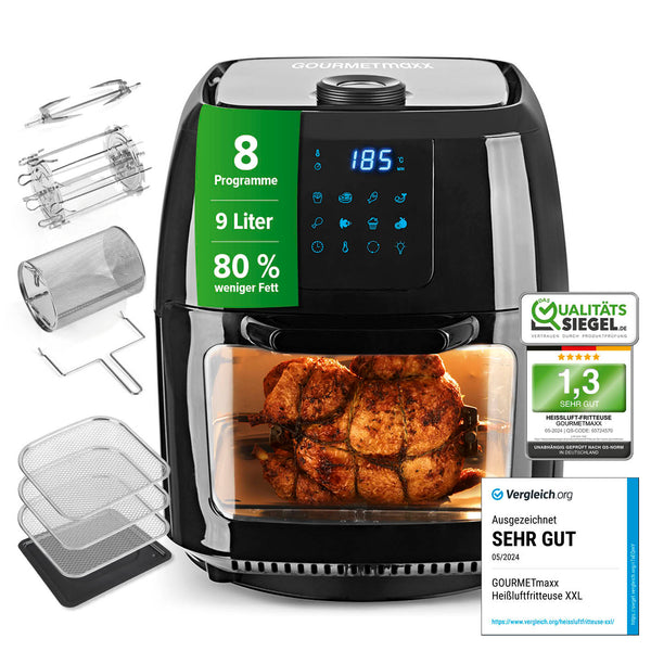 GOURMETmaxx Heißluftfritteuse - 9 l Ofen - XXL-Zubehörset mit Drehspieß - 1800 W