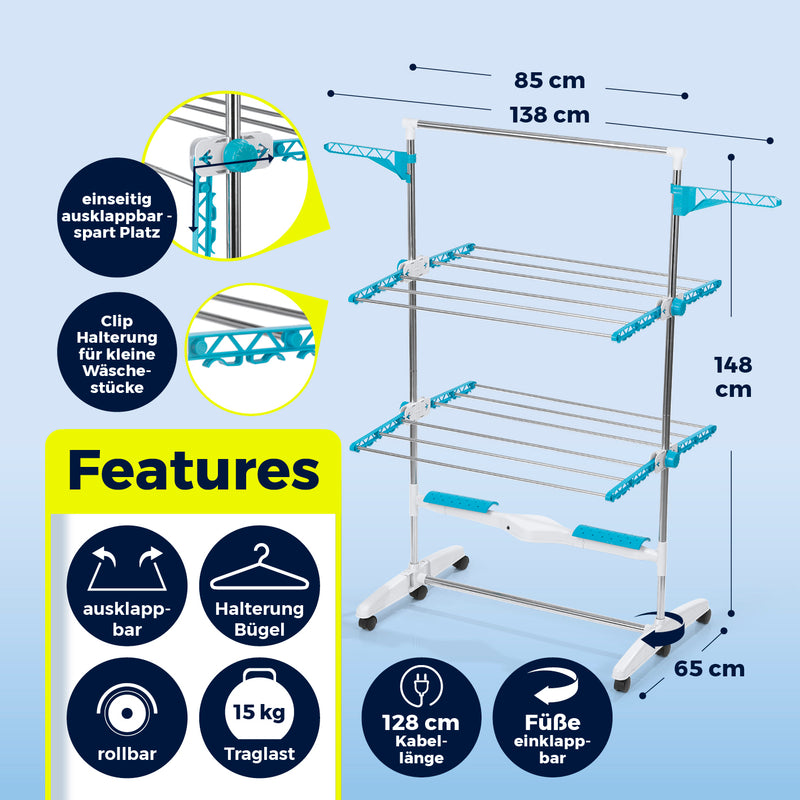 EASYmaxx Elektro-Wäscheständer 900 mit Rollen, 2 Etagen & 2 Bügel-Seitenflügeln