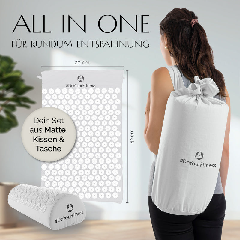 DoYourFitness Akupressur-Set Jimuta 20x20x42 cm weiß mit Matte, Nackenkissen und Transporttasche für Entspannung und Durchblutung.