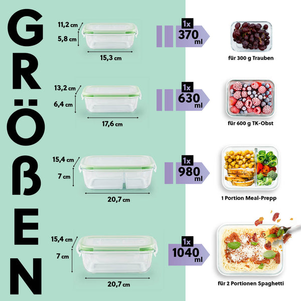 GOURMETmaxx Glas-Frischhaltedosen Klick-it 8-tlg. Limegreen mit verschiedenen Größen für Mikrowelle, Backofen und Gefrierschrank geeignet.