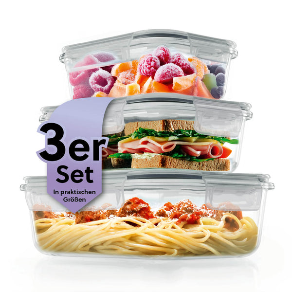GOURMETmaxx Glas-Frischhaltedosen Klick-it 6-teilig grau mit 4-fach-Klickverschluss, Mikrowellen-Ventil, auslaufsicher, gefüllt mit Essen.