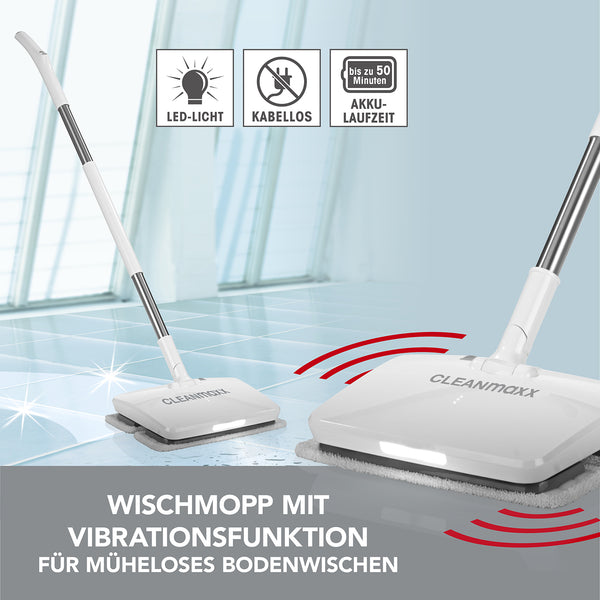 CLEANmaxx Akku-Vibrationsmopp - Weiß mit LED-Licht, kabellos und 50 Minuten Akkulaufzeit für schonendes, gründliches Reinigen.