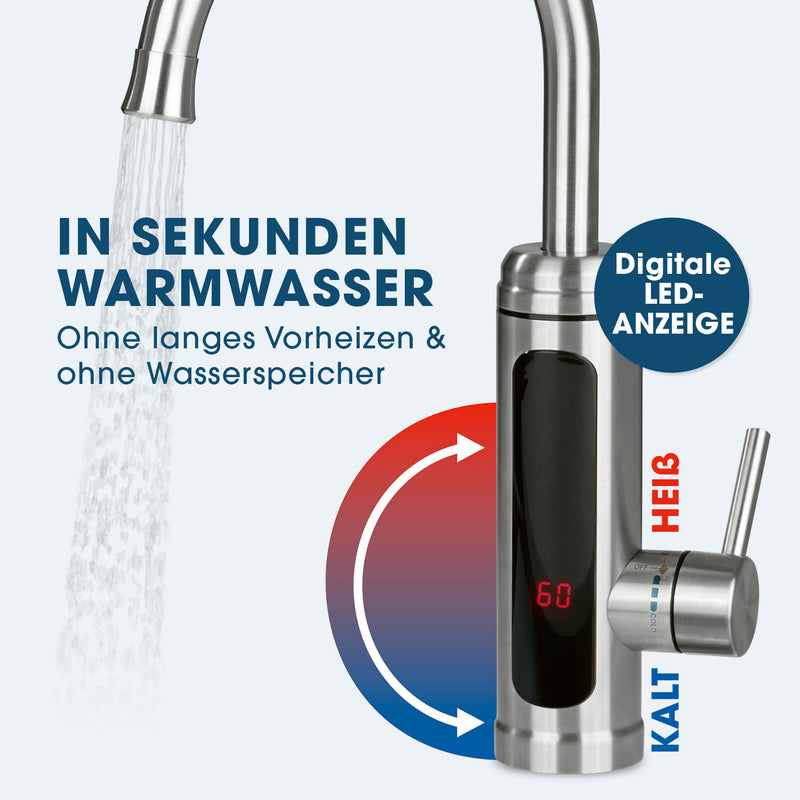 MAXXMEE Warm- & Kaltwasserarmatur mit digitaler LED-Anzeige und 360° schwenkbaren Edelstahl Wasserhahn-Aufsätzen.
