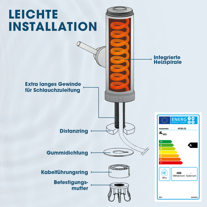 MAXXMEE Warm- & Kaltwasserarmatur mit integrierter Heizspirale und extra langem Gewinde für einfache Montage und Schlauchanschluss.