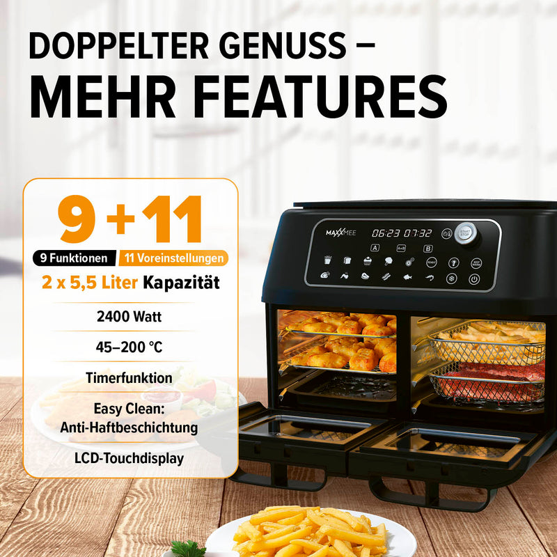 MAXXMEE Heißluft-Fritteuse Doppelkammer 11l - schwarz