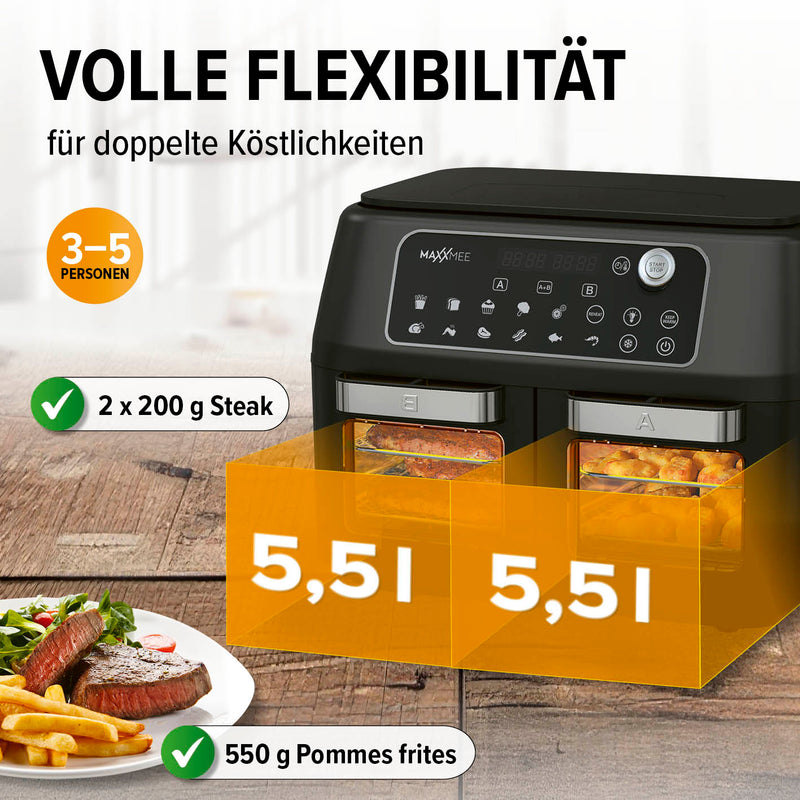 MAXXMEE Heißluft-Fritteuse Doppelkammer 11l - schwarz