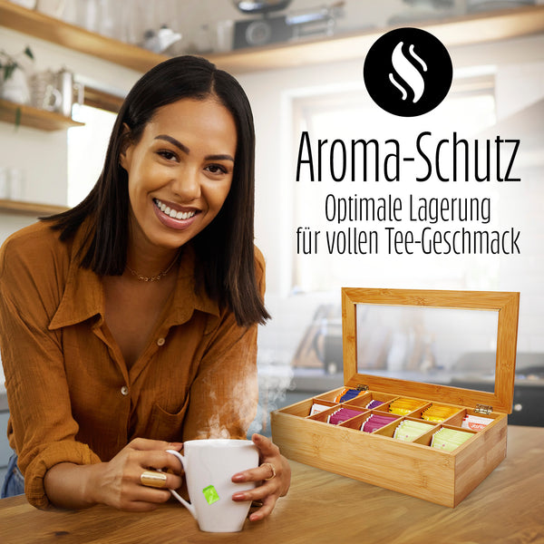 LUMALAND Cuisine Teebox aus Bambus mit 10 Fächern, nachhaltige, aromaschutzende Teeaufbewahrung mit Sichtfenster und Deckel