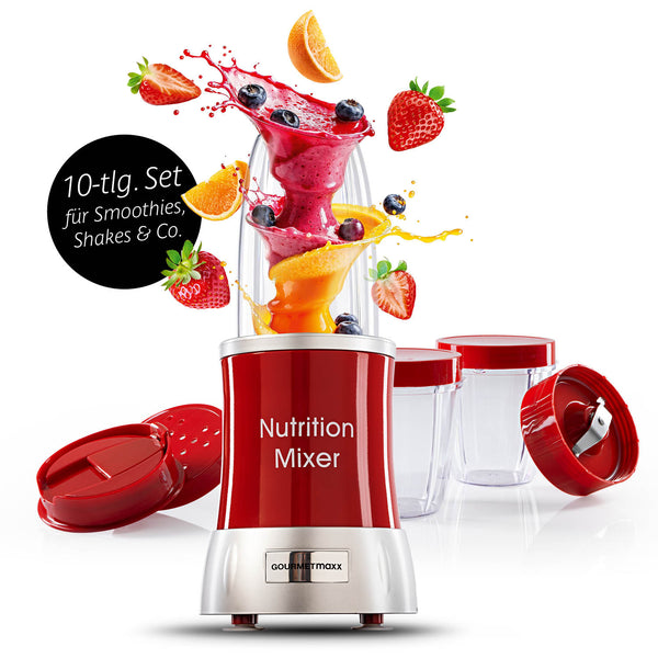 GOURMETmaxx Nutrition Mixer Deluxe Edelstahl/rot mit 10-tlg Set für frische Smoothies, Shakes und Fruchtmixen in der Küche.