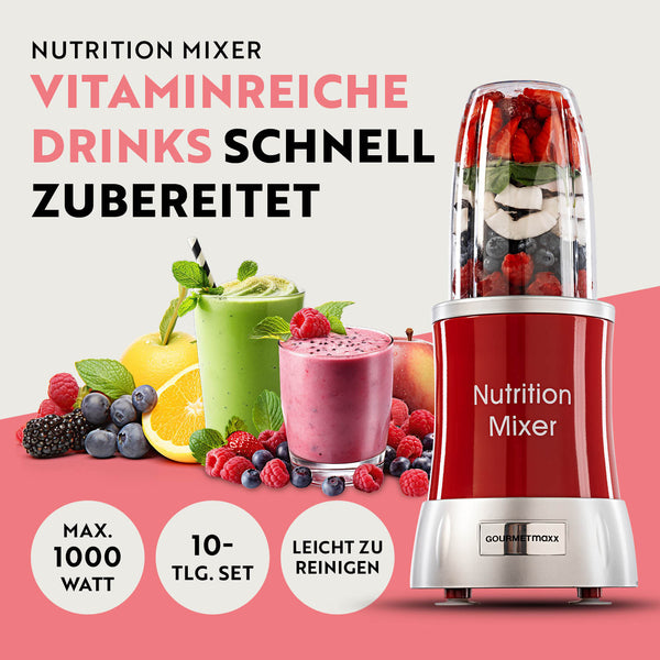 GOURMETmaxx Nutrition Mixer Deluxe Edelstahl/rot mit 1000 Watt für vitaminreiche Smoothies, einfach zu reinigen, 10-teiliges Set.