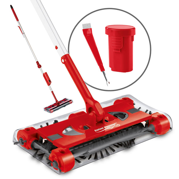Swivel Sweeper G 2 Akkubesen kabellos in Rot mit 4 rotierenden Bürsten und 360° drehbarem Knickgelenk für flexibles Reinigen.