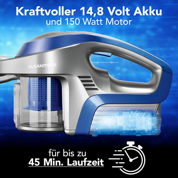 CLEANmaxx Akku-Zyklonstaubsauger, kabellos, aufladbar mit 14,8V Akku, 150W Motor und bis zu 45 Min. Laufzeit für flexible Reinigung.