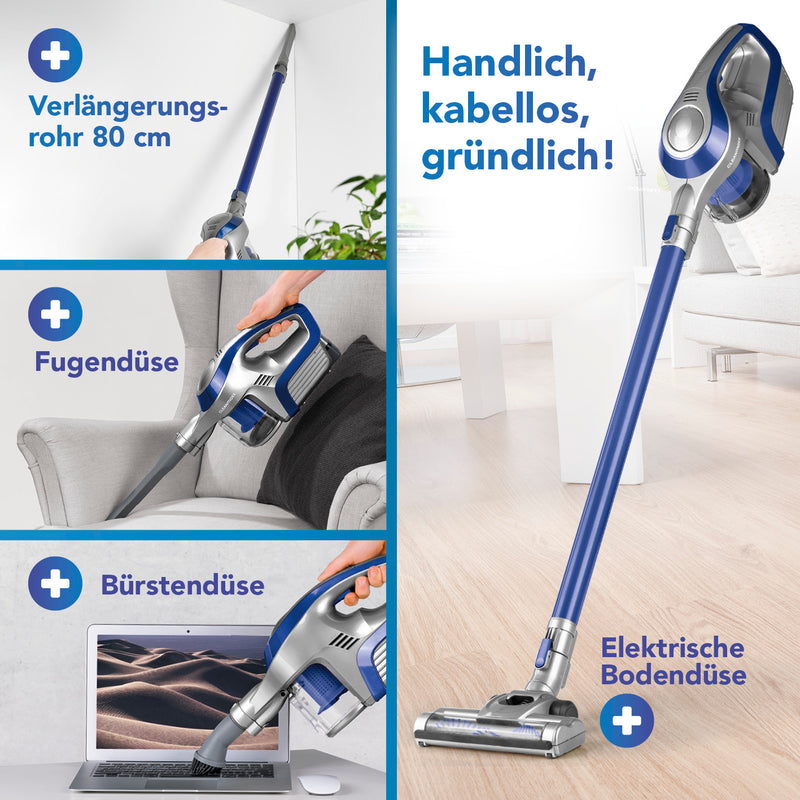 CLEANmaxx Akku-Zyklonstaubsauger, kabellos, 2in1 Hand- & Bodensauger mit Verlängerungsrohr, Fugendüse, Bürstendüse und elektrischer Bodendüse.