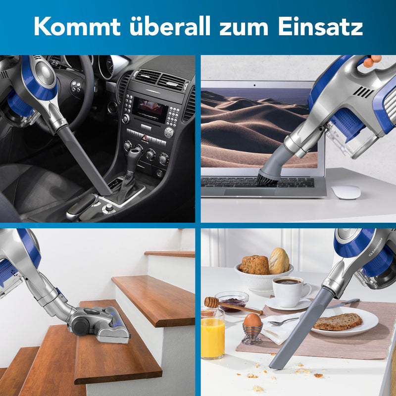CLEANmaxx Akku-Zyklonstaubsauger kabellos 2in1 Hand- & Bodensauger reinigt Auto, Laptop, Treppen und Tisch flexibel und leistungsstark.