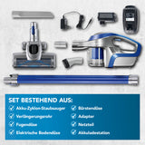 CLEANmaxx Akku-Zyklonstaubsauger, kabellos mit Verlängerungsrohr, Bürstendüse, Fugendüse, Bodendüse, Akku und Ladestation.